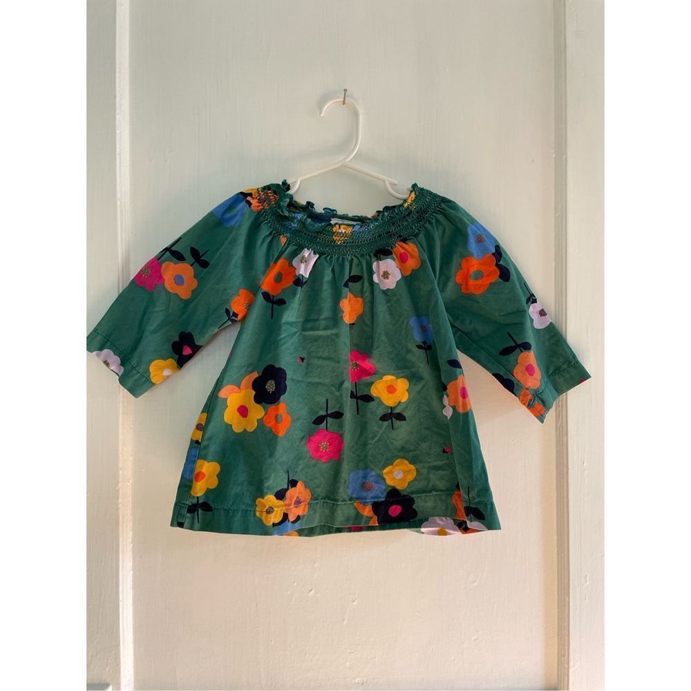 Hanna Andersson Top Smock Neck 3/4 Sleeve Floral Ladybug Green Girls Kids Size 4
